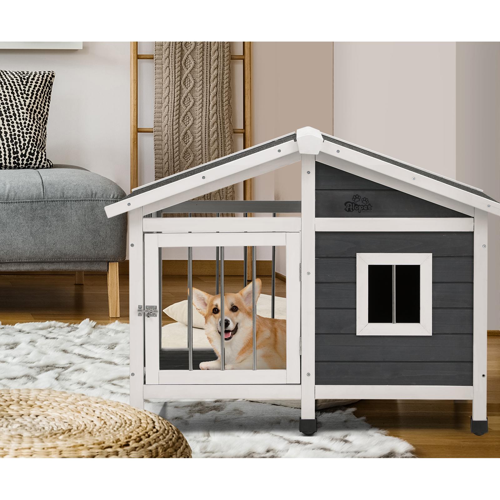 Alopet Wooden Pet Dog Kennel Awning Cabin Log Box Home Dog Cage Timber House - Sunyee