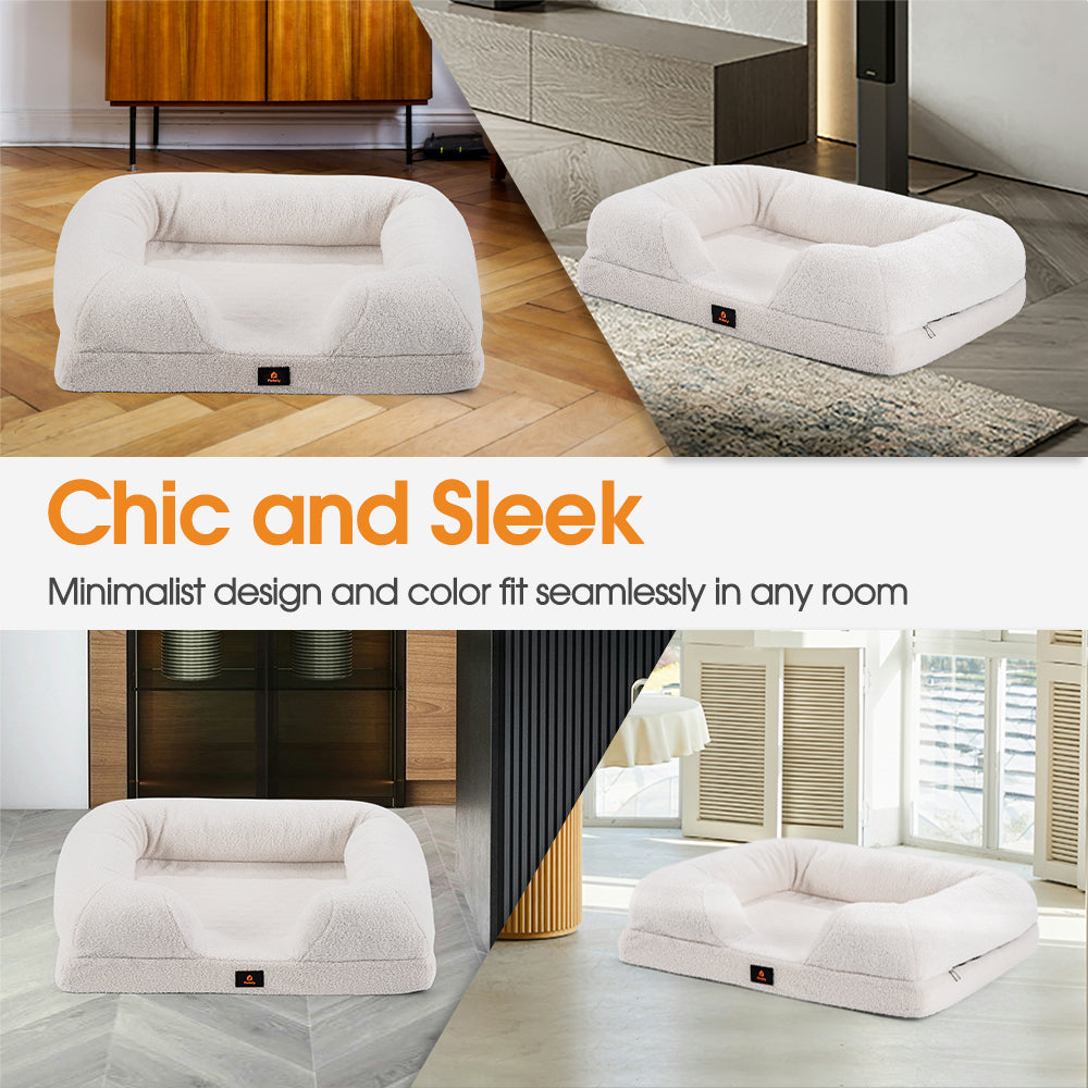 Petzly Memory Foam Dog Bed Pet Sofa Calming Bed Washable Removable White - Sunyee