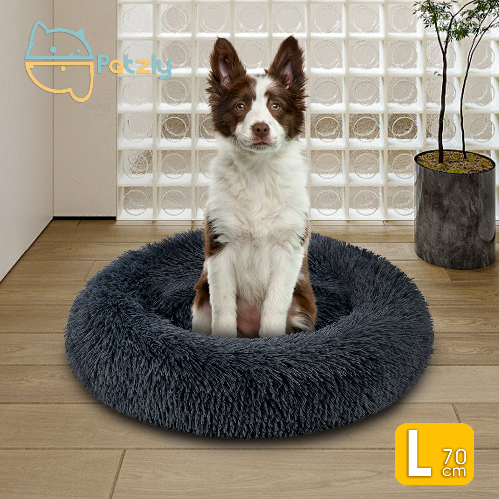 Petzly Dog Cat Calming Bed Warm Soft Plush Round Waterproof 70CM Bed Light Dark Blue - Sunyee