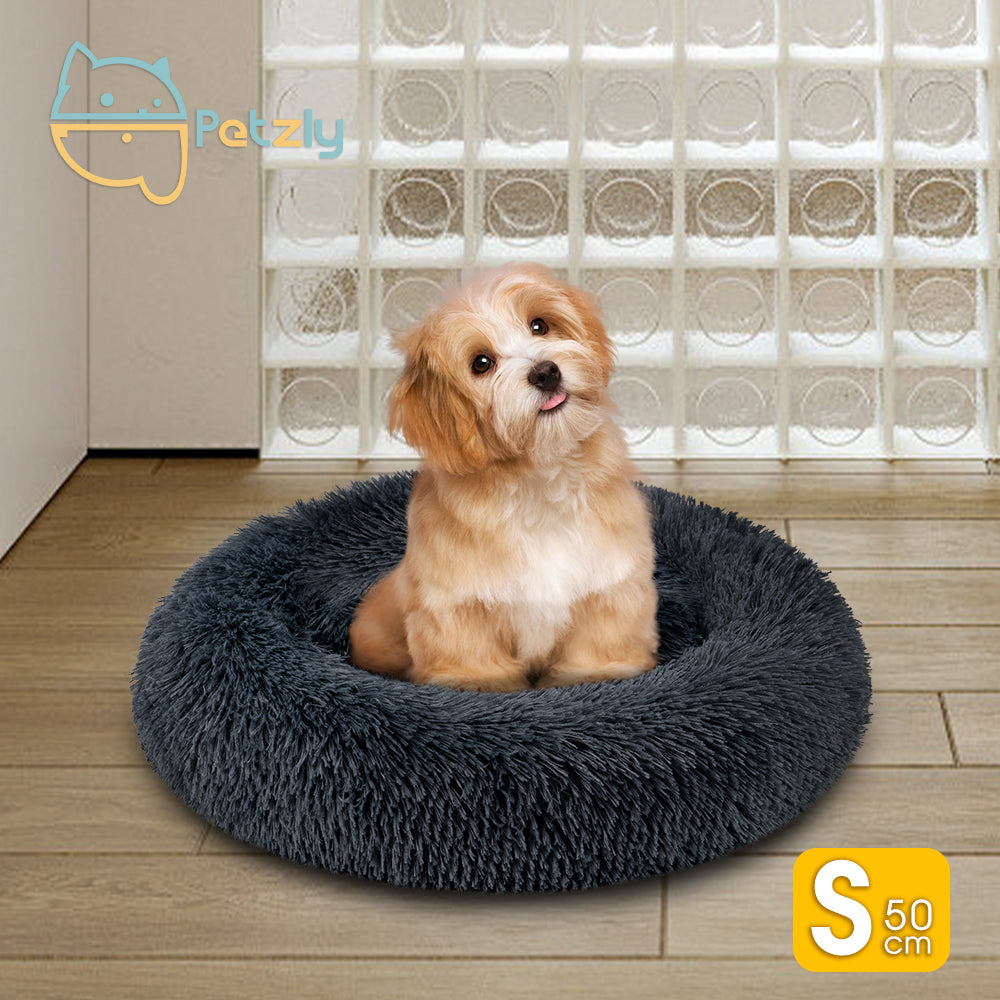 Petzly Dog Cat Calming Bed Warm Soft Plush Round Waterproof 50CM Bed Light Dark Blue - Sunyee