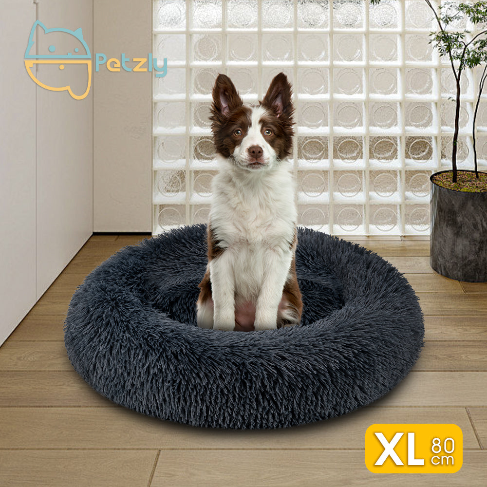 Petzly Dog Cat Calming Bed Warm Soft Plush Round Waterproof 80CM Bed Light Dark Blue - Sunyee