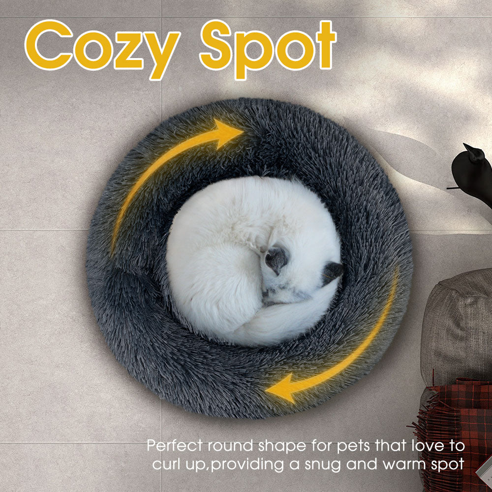 Petzly Dog Cat Calming Bed Warm Soft Plush Round Waterproof 80CM Bed Light Dark Blue - Sunyee