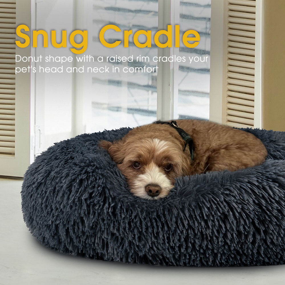 Petzly Dog Cat Calming Bed Warm Soft Plush Round Waterproof 80CM Bed Light Dark Blue - Sunyee