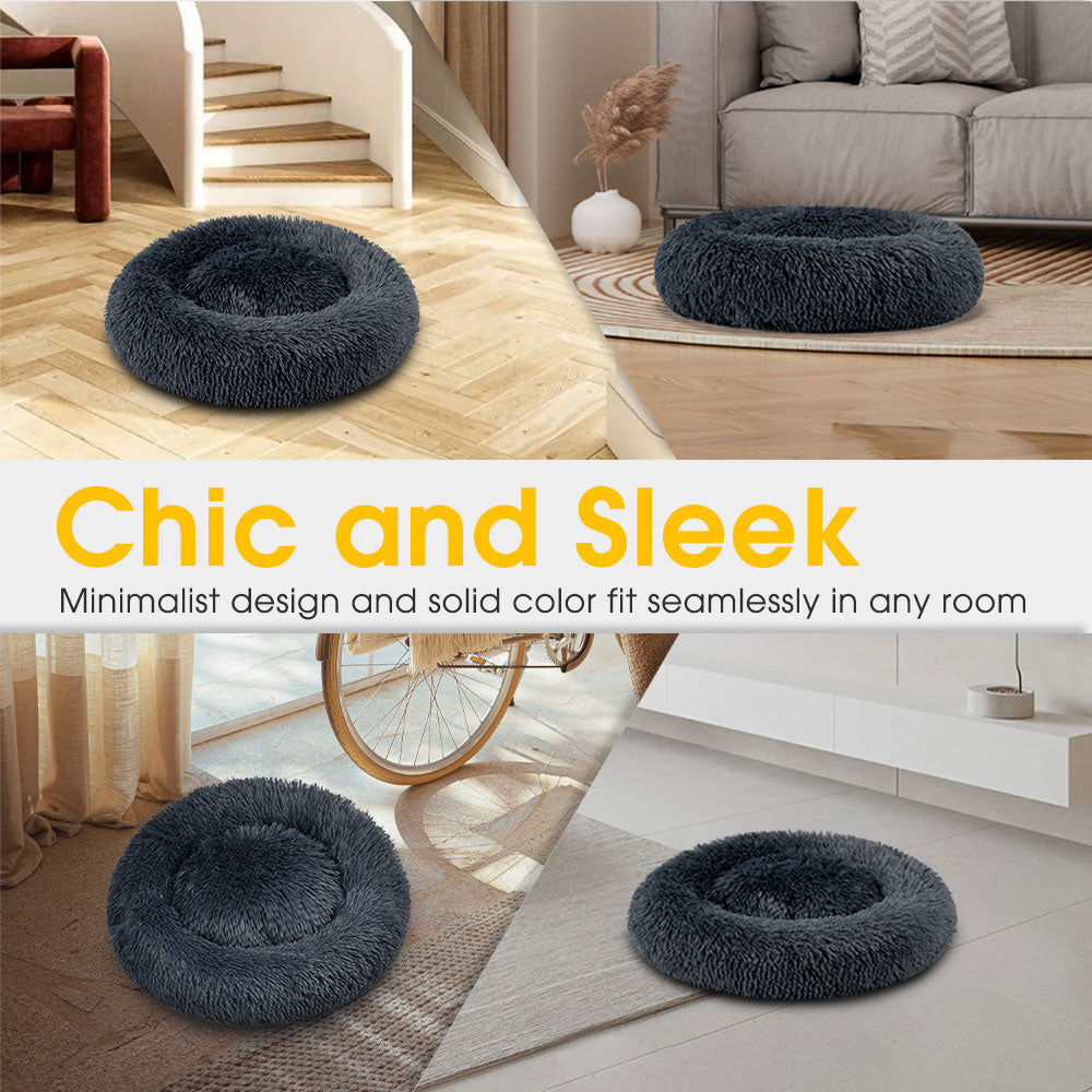 Petzly Dog Cat Calming Bed Warm Soft Plush Round Waterproof 80CM Bed Light Dark Blue - Sunyee