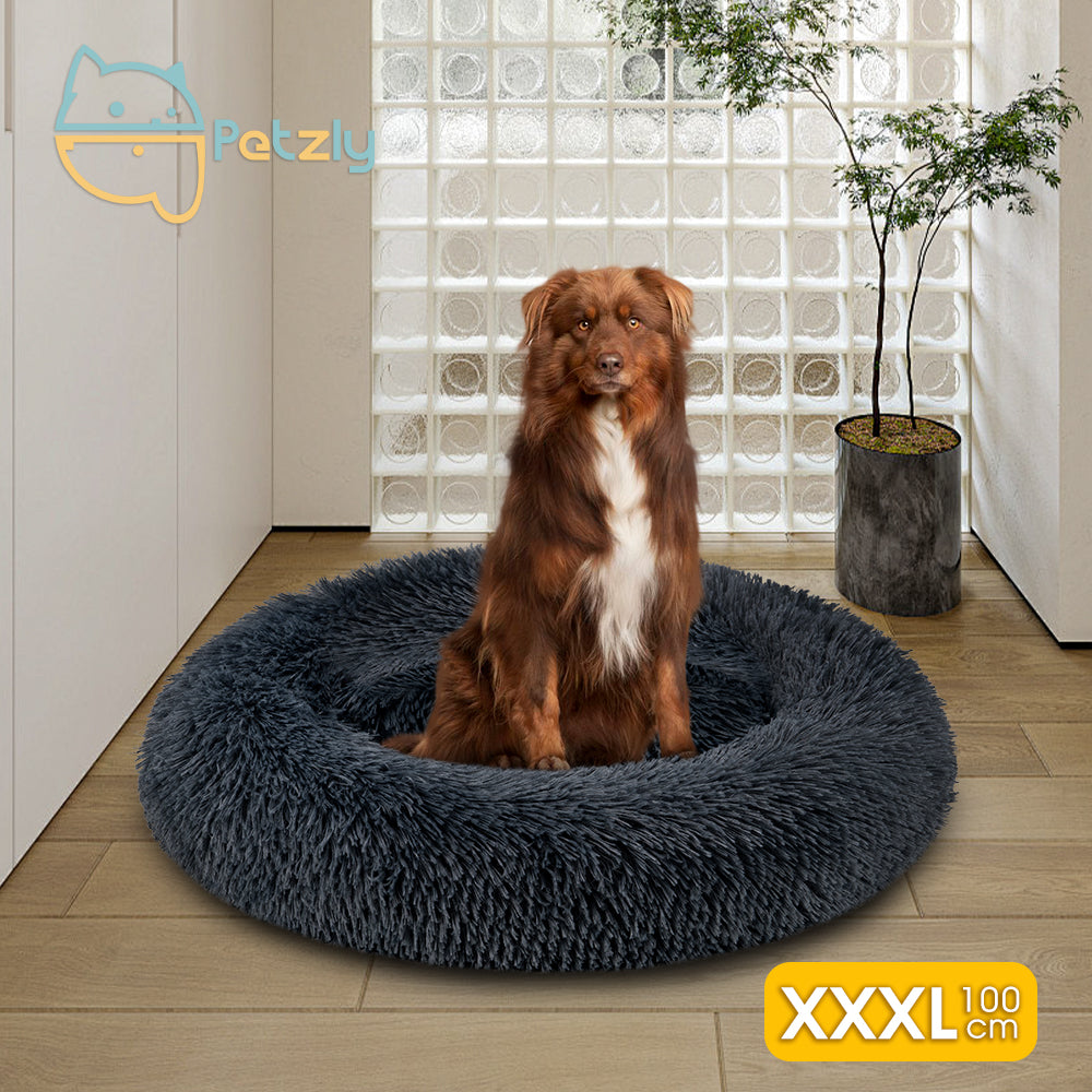 Petzly Dog Cat Calming Bed Warm Soft Plush Round Waterproof 120CM Bed Dark Blue - Sunyee