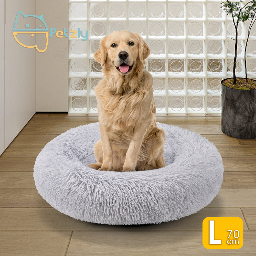 Petzly Dog Cat Calming Bed Warm Soft Plush Round Waterproof 70CM Bed Light Grey - Sunyee