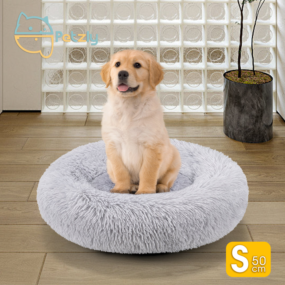 Petzly Dog Cat Calming Bed Warm Soft Plush Round Waterproof 50CM Bed Light Grey - Sunyee