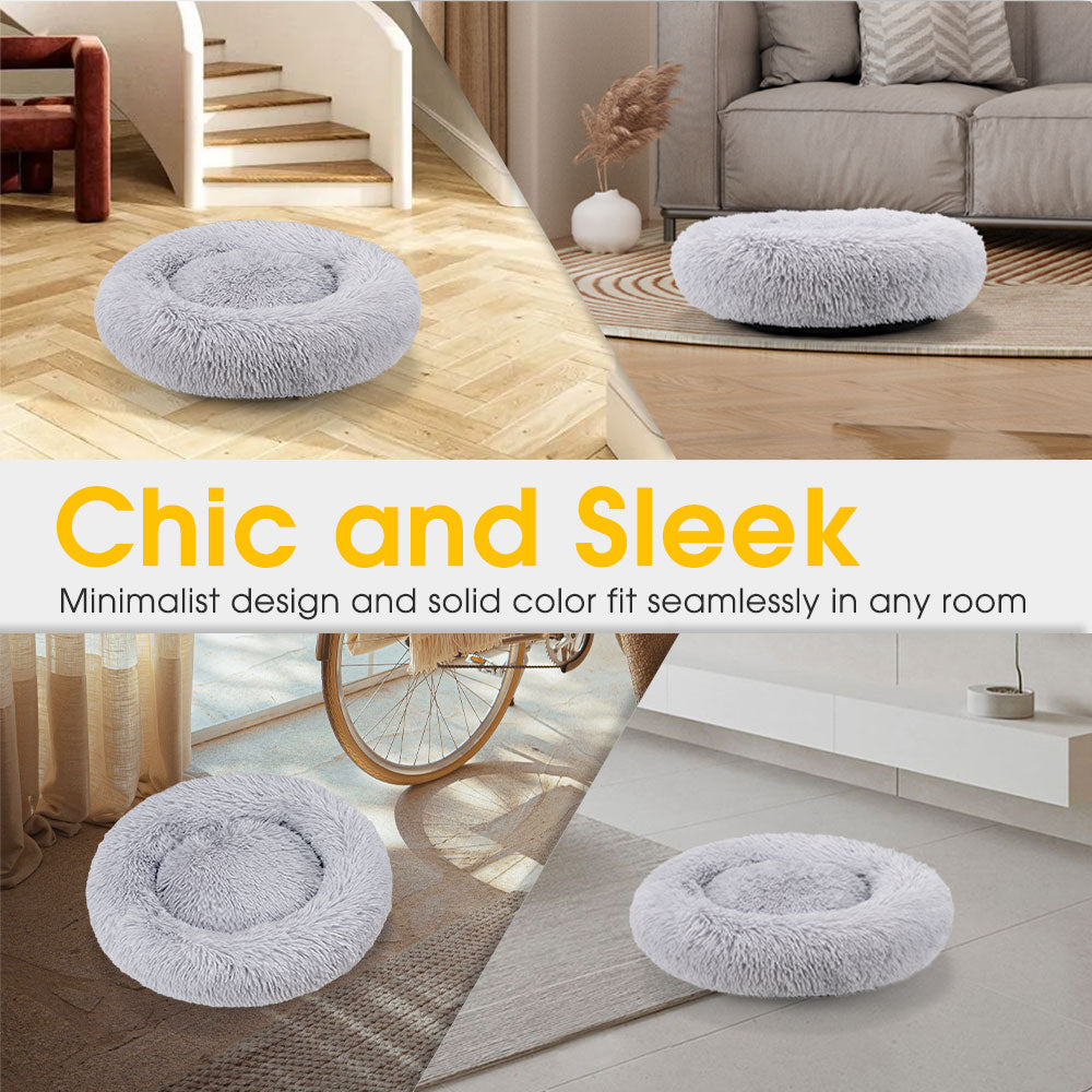 Petzly Dog Cat Calming Bed Warm Soft Plush Round Waterproof 50CM Bed Light Grey - Sunyee