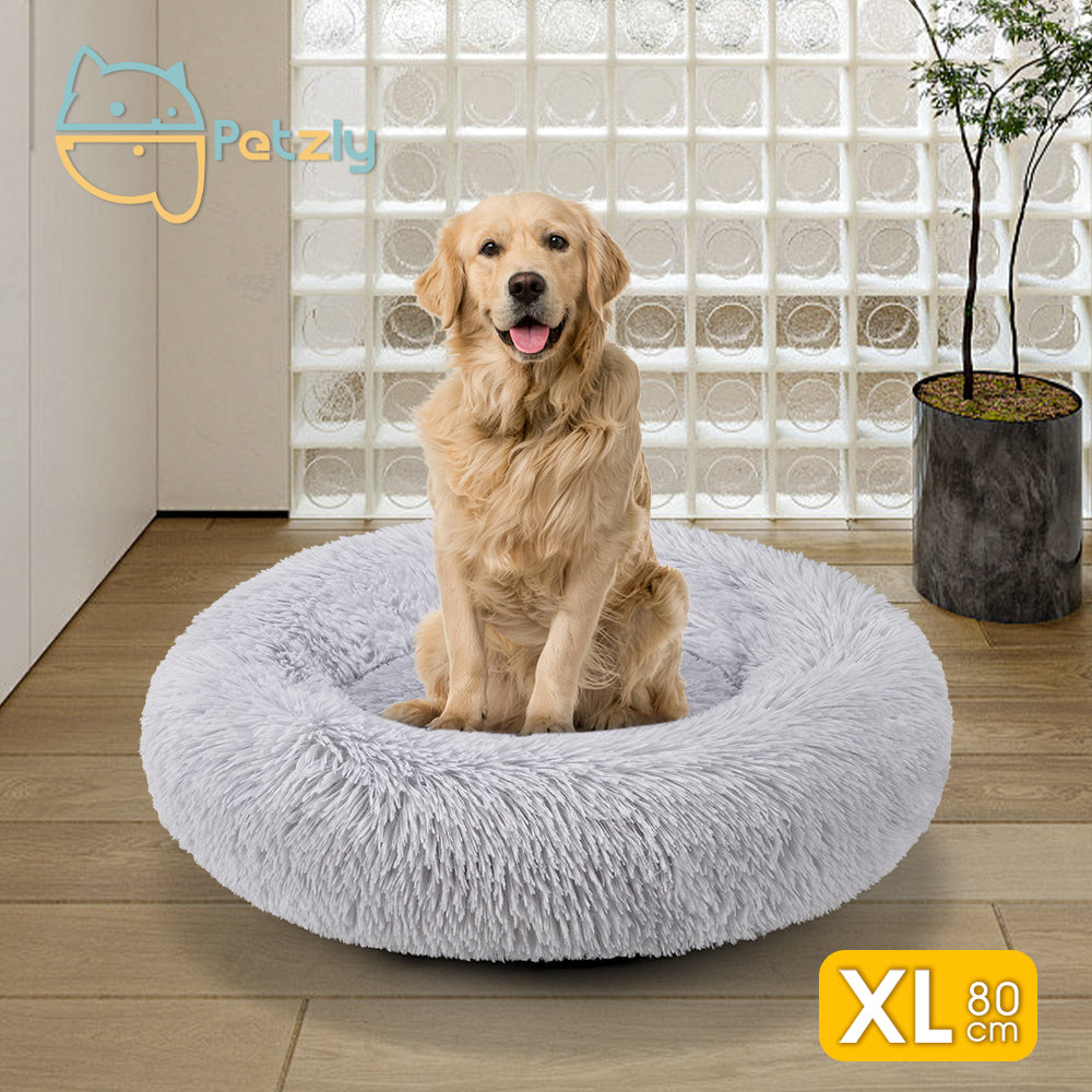 Petzly Dog Cat Calming Bed Warm Soft Plush Round Waterproof 80CM Bed Light Grey - Sunyee