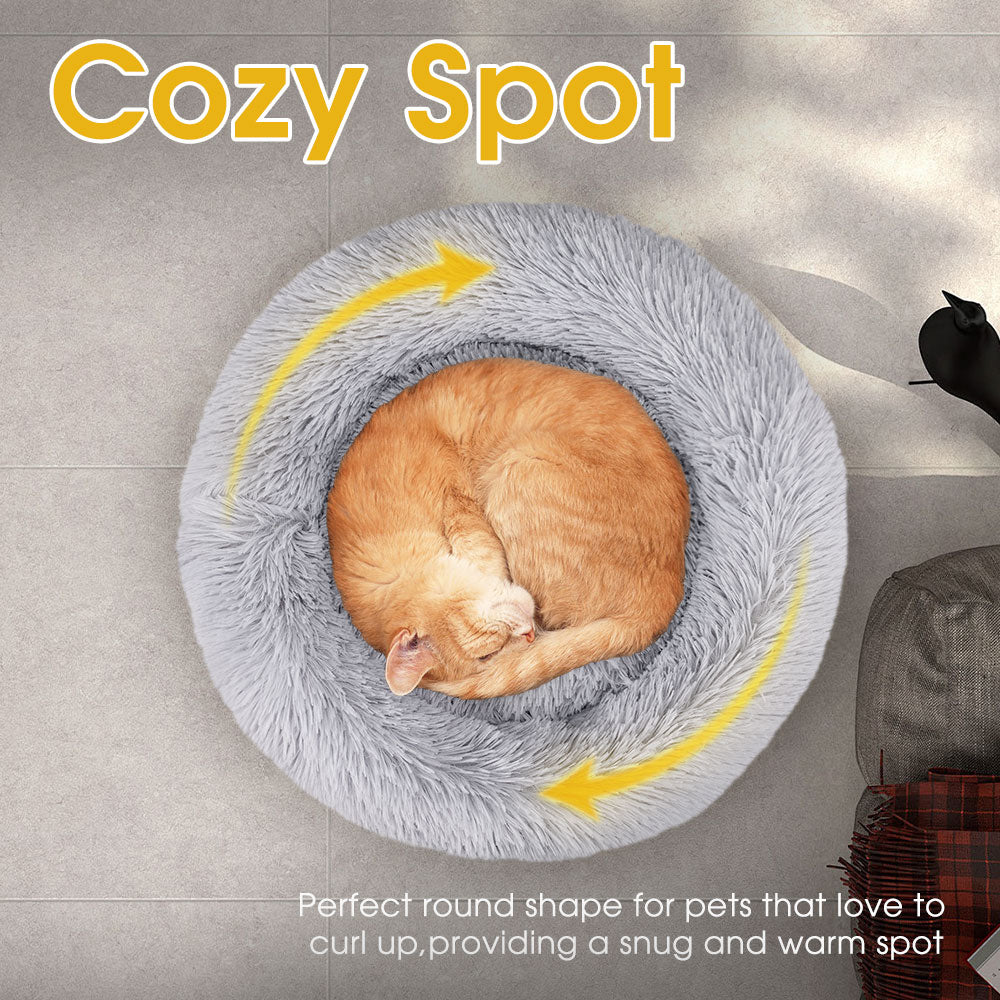 Petzly Dog Cat Calming Bed Warm Soft Plush Round Waterproof 80CM Bed Light Grey - Sunyee