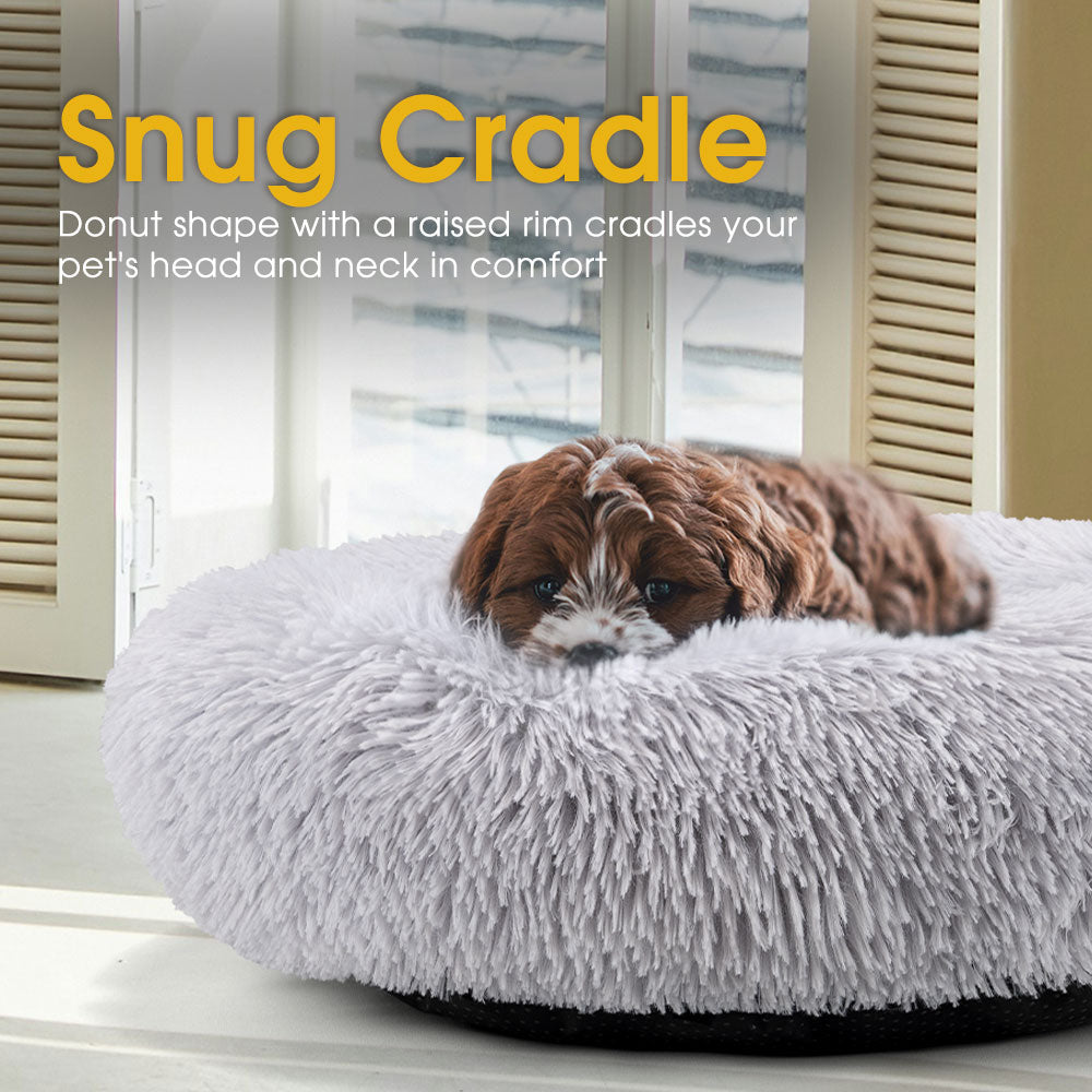 Petzly Dog Cat Calming Bed Warm Soft Plush Round Waterproof 80CM Bed Light Grey - Sunyee