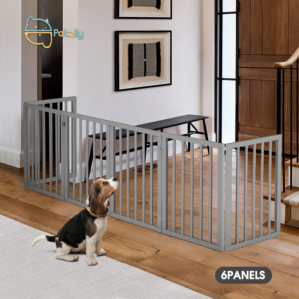 Petzly Wooden Pet Gate Dog Fence Safety Barrier Security Door 6 Panel 61cm Grey - Sunyee
