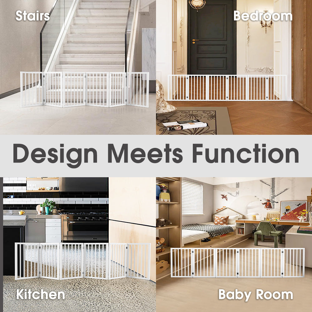 Petzly Wooden Pet Gate Dog Fence Safety Barrier Security Door 6 Panel 61cm White - Sunyee