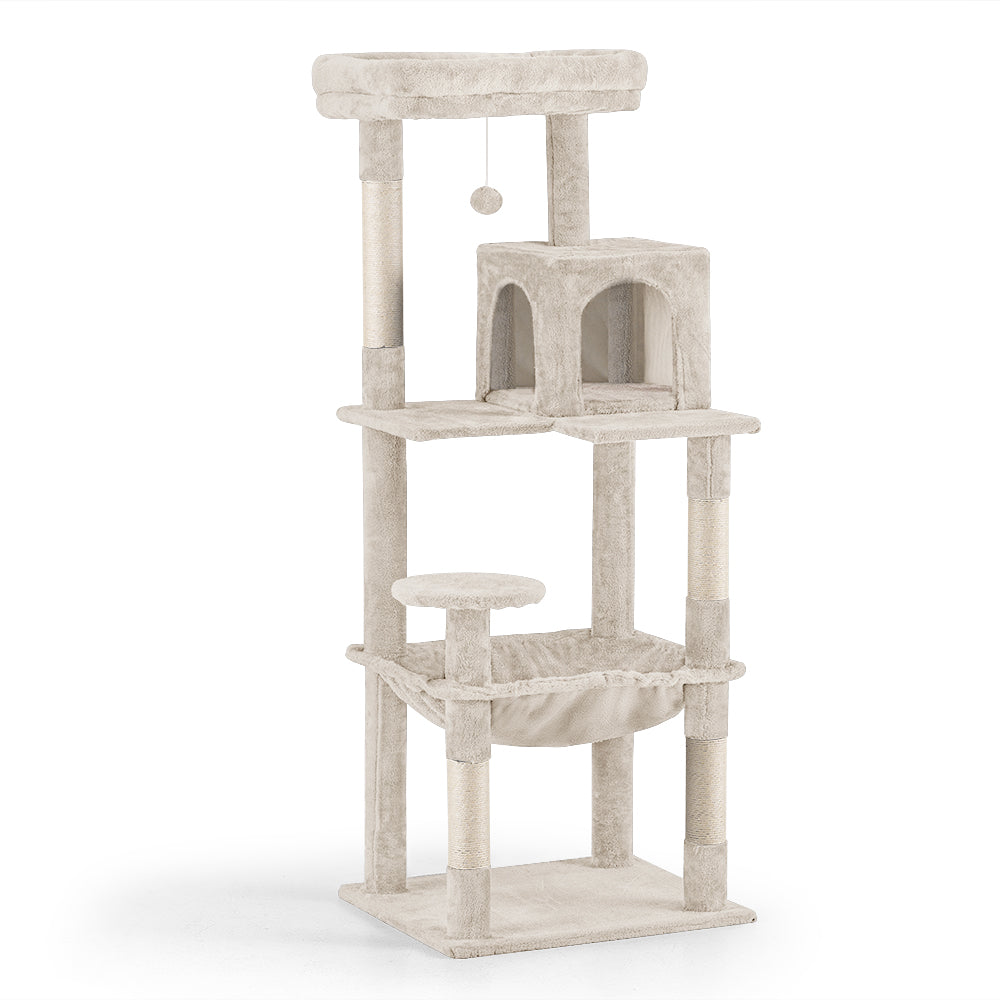 Petzly Cat Tree Tower Scratching Post Scratcher Condo House Bed 142cm Beige - Sunyee