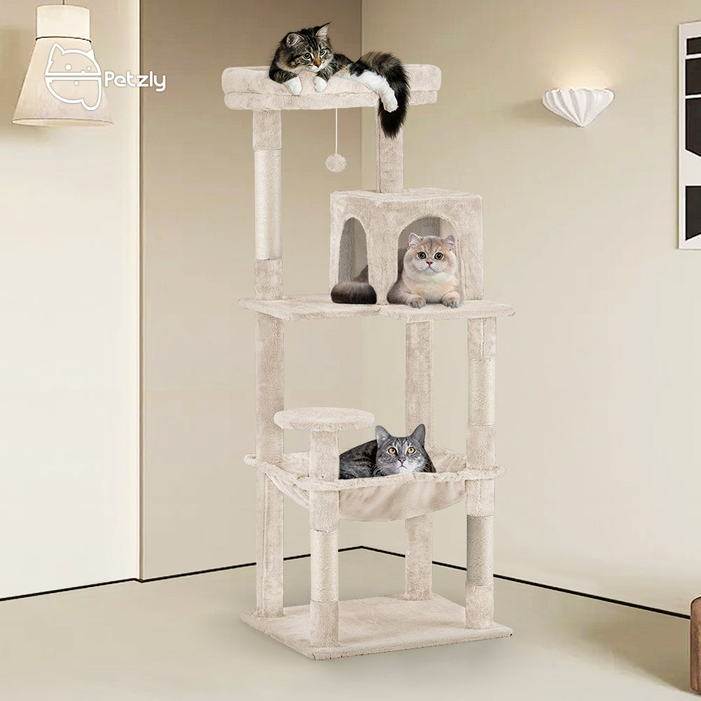 Petzly Cat Tree Tower Scratching Post Scratcher Condo House Bed 142cm Beige - Sunyee