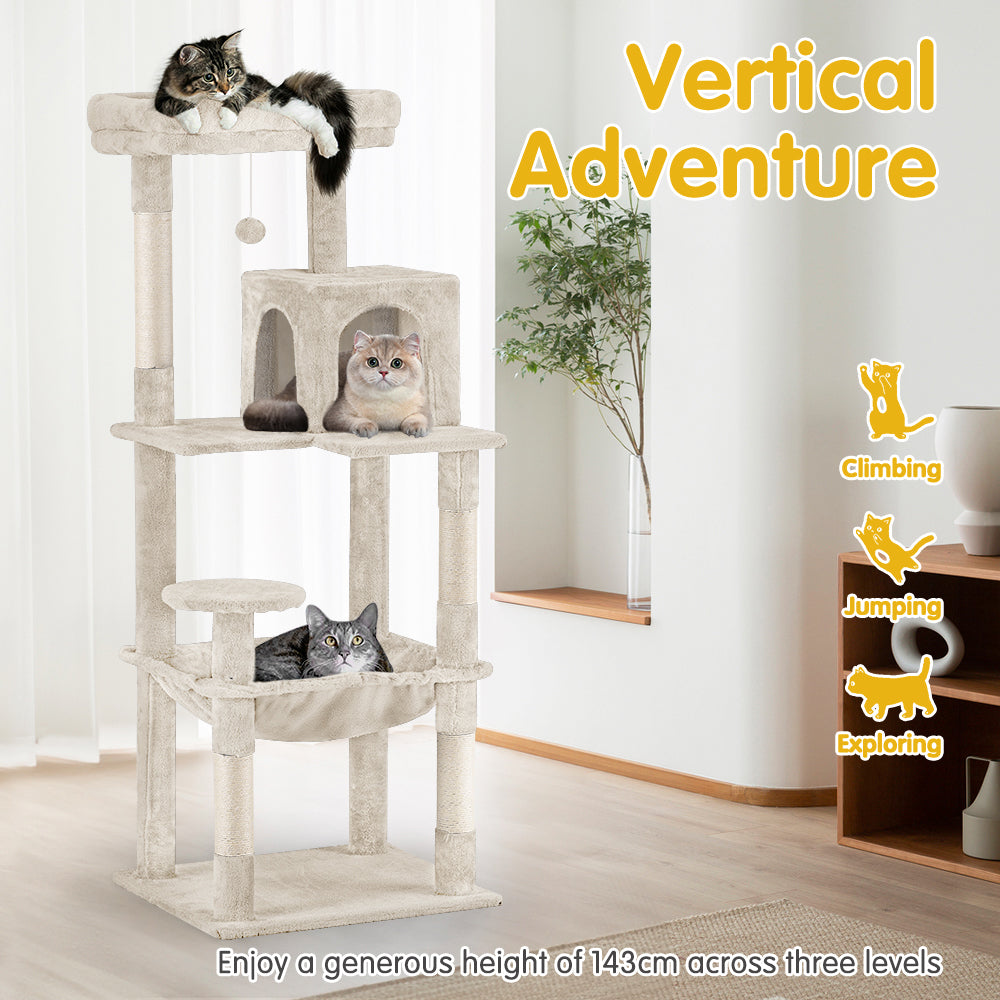 Petzly Cat Tree Tower Scratching Post Scratcher Condo House Bed 142cm Beige - Sunyee