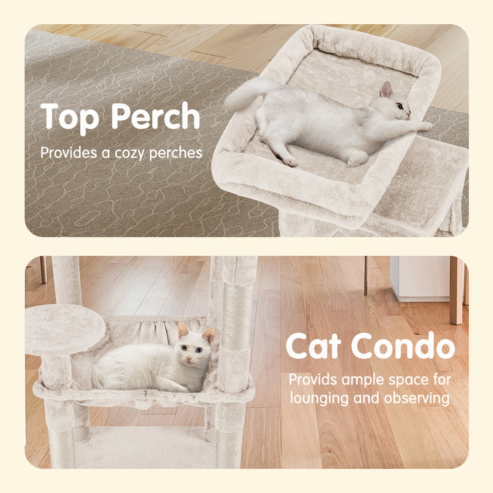 Petzly Cat Tree Tower Scratching Post Scratcher Condo House Bed 142cm Beige - Sunyee