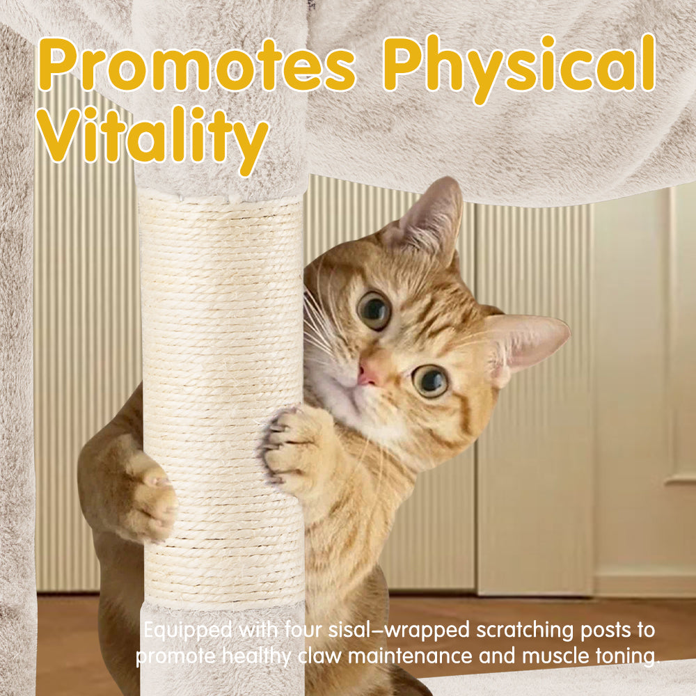 Petzly Cat Tree Tower Scratching Post Scratcher Condo House Bed 142cm Beige - Sunyee