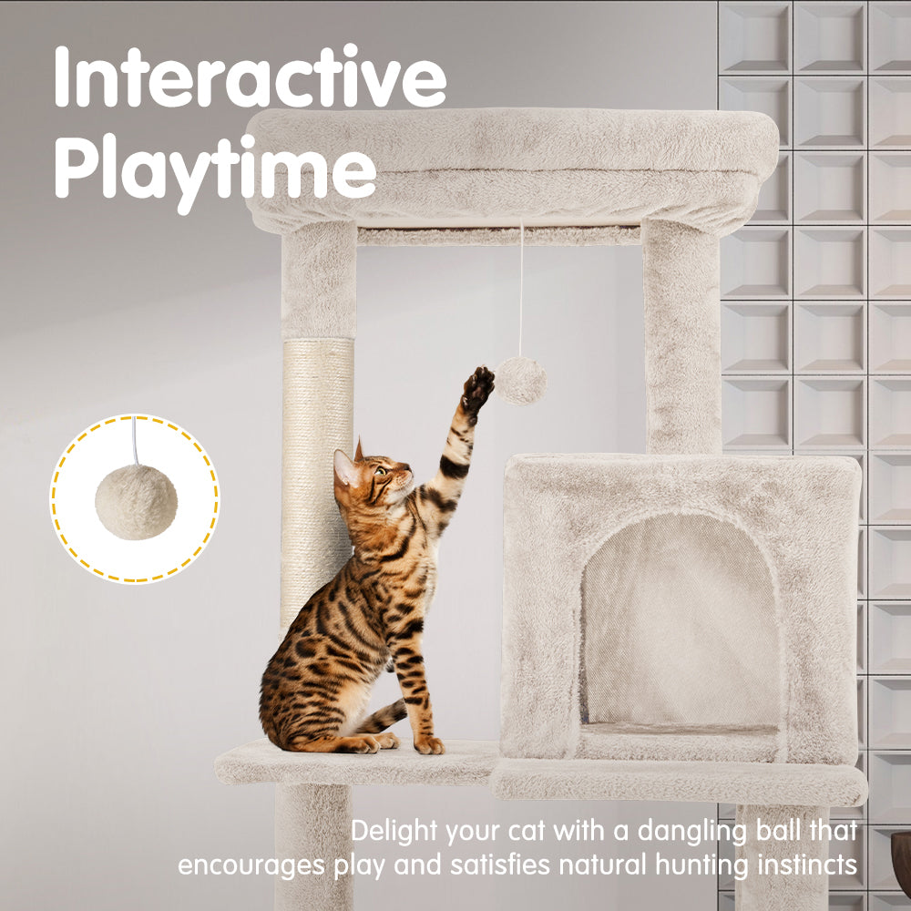Petzly Cat Tree Tower Scratching Post Scratcher Condo House Bed 142cm Beige - Sunyee