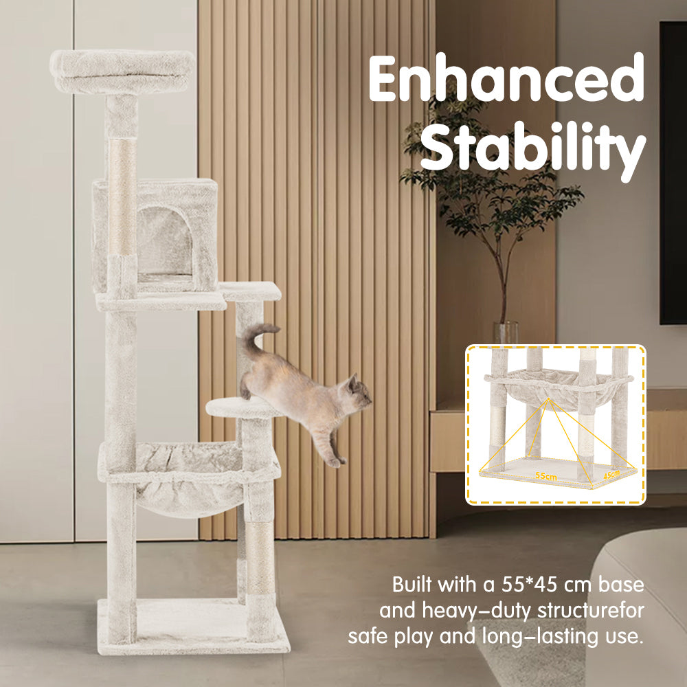 Petzly Cat Tree Tower Scratching Post Scratcher Condo House Bed 142cm Beige - Sunyee