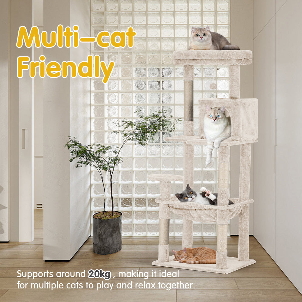 Petzly Cat Tree Tower Scratching Post Scratcher Condo House Bed 142cm Beige - Sunyee