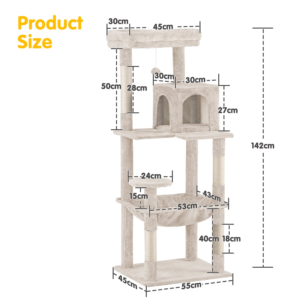 Petzly Cat Tree Tower Scratching Post Scratcher Condo House Bed 142cm Beige - Sunyee