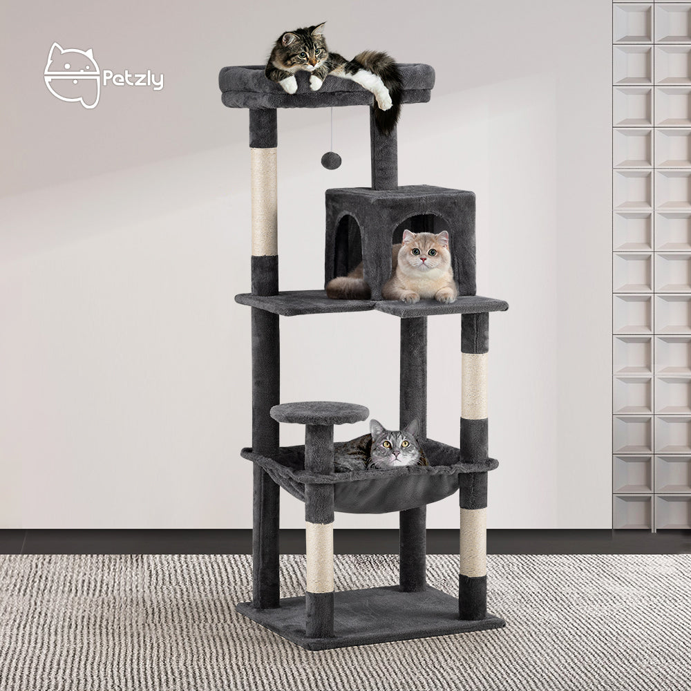 Petzly Cat Tree Tower Scratching Post Scratcher Condo House Bed 142cm Dark Grey - Sunyee