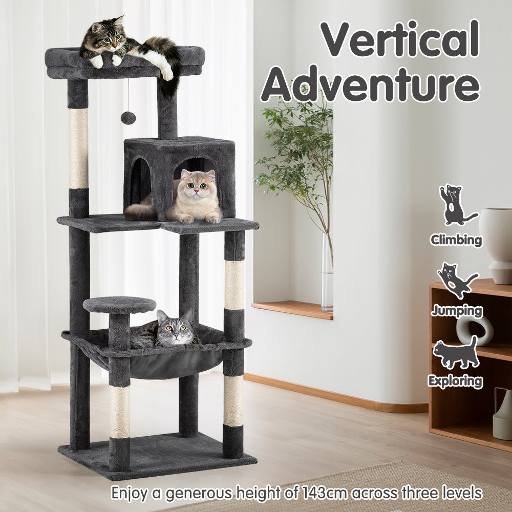 Petzly Cat Tree Tower Scratching Post Scratcher Condo House Bed 142cm Dark Grey - Sunyee