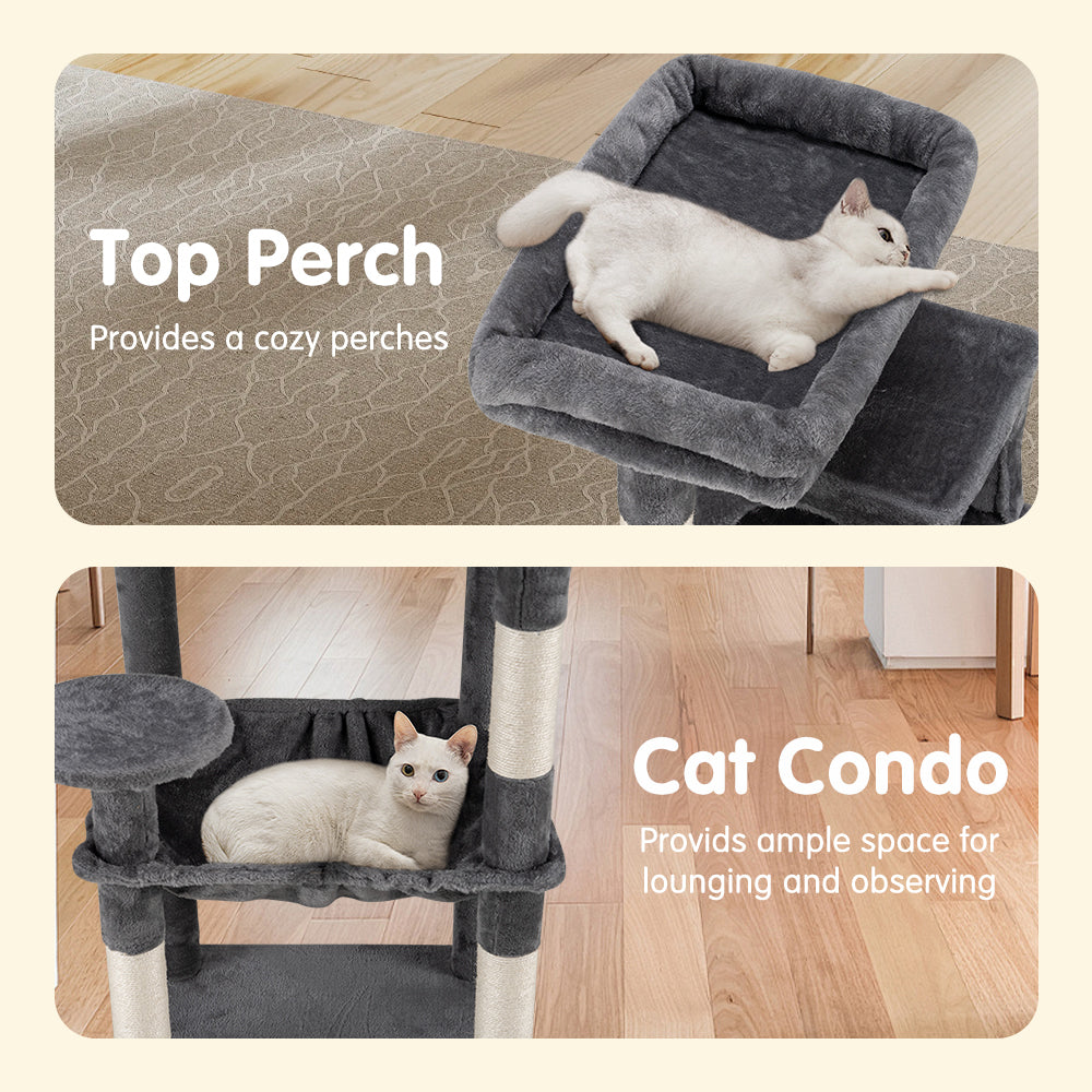 Petzly Cat Tree Tower Scratching Post Scratcher Condo House Bed 142cm Dark Grey - Sunyee