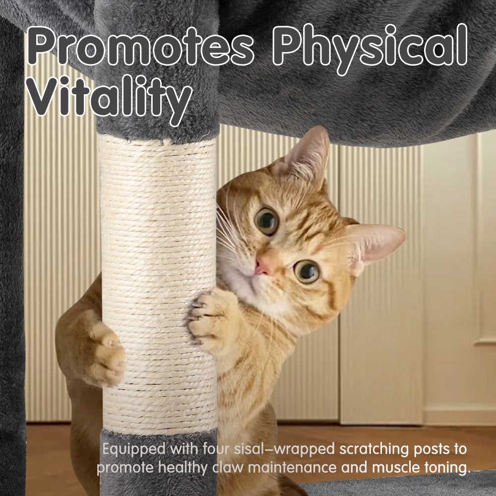 Petzly Cat Tree Tower Scratching Post Scratcher Condo House Bed 142cm Dark Grey - Sunyee