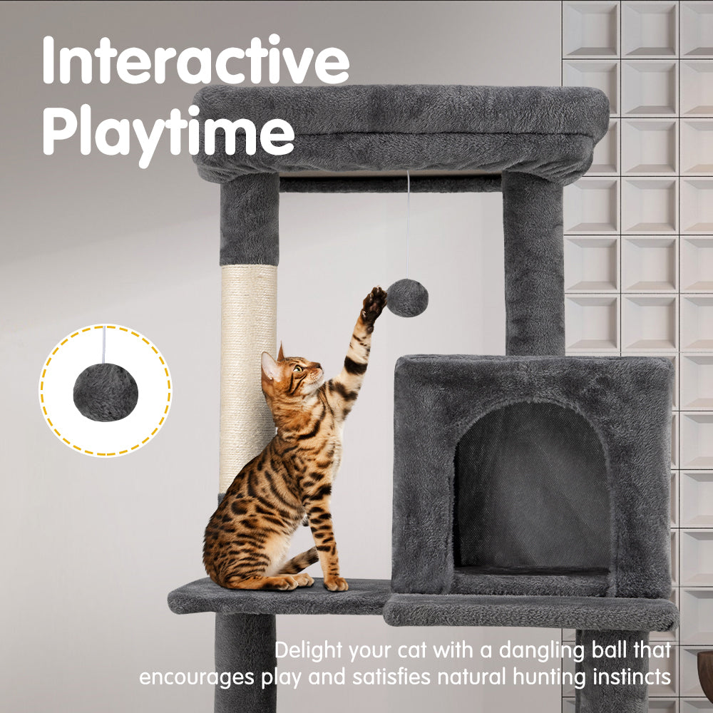 Petzly Cat Tree Tower Scratching Post Scratcher Condo House Bed 142cm Dark Grey - Sunyee