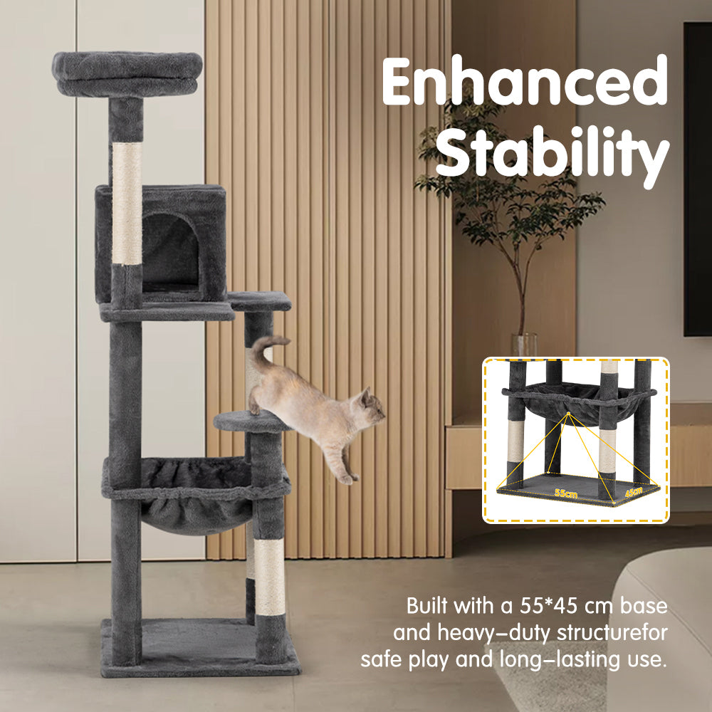 Petzly Cat Tree Tower Scratching Post Scratcher Condo 142cm Beige/Dark Grey/Grey - Sunyee