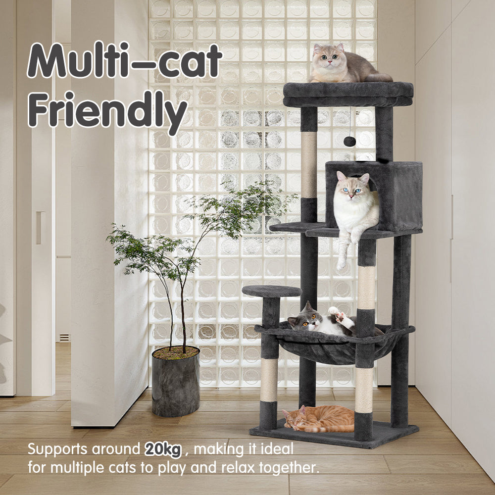 Petzly Cat Tree Tower Scratching Post Scratcher Condo House Bed 142cm Dark Grey - Sunyee