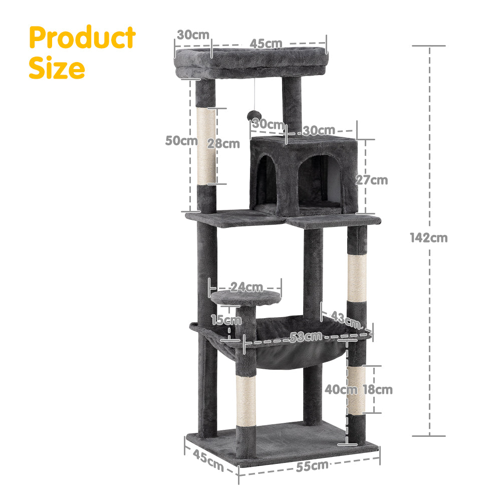 Petzly Cat Tree Tower Scratching Post Scratcher Condo House Bed 142cm Dark Grey - Sunyee