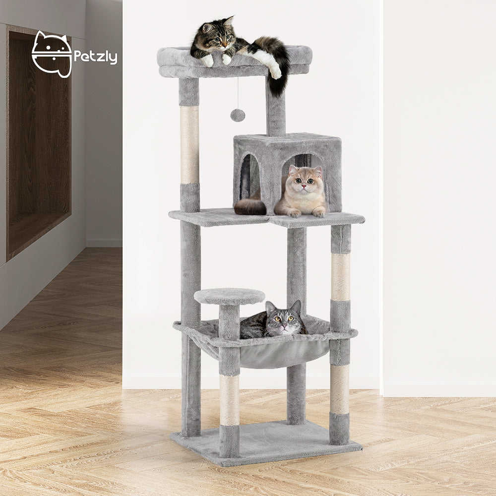 Petzly Cat Tree Tower Scratching Post Scratcher Condo House Bed 142cm Grey - Sunyee