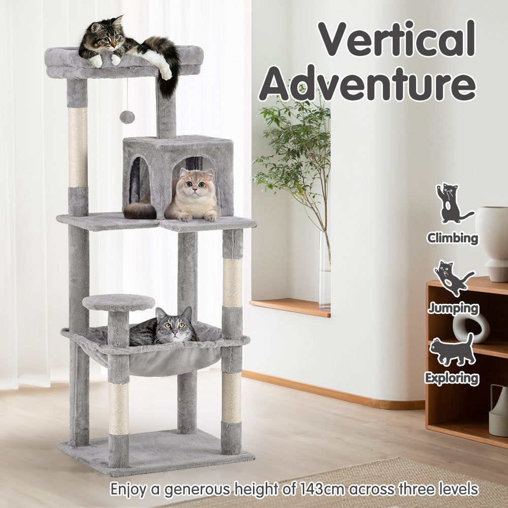 Petzly Cat Tree Tower Scratching Post Scratcher Condo House Bed 142cm Grey - Sunyee