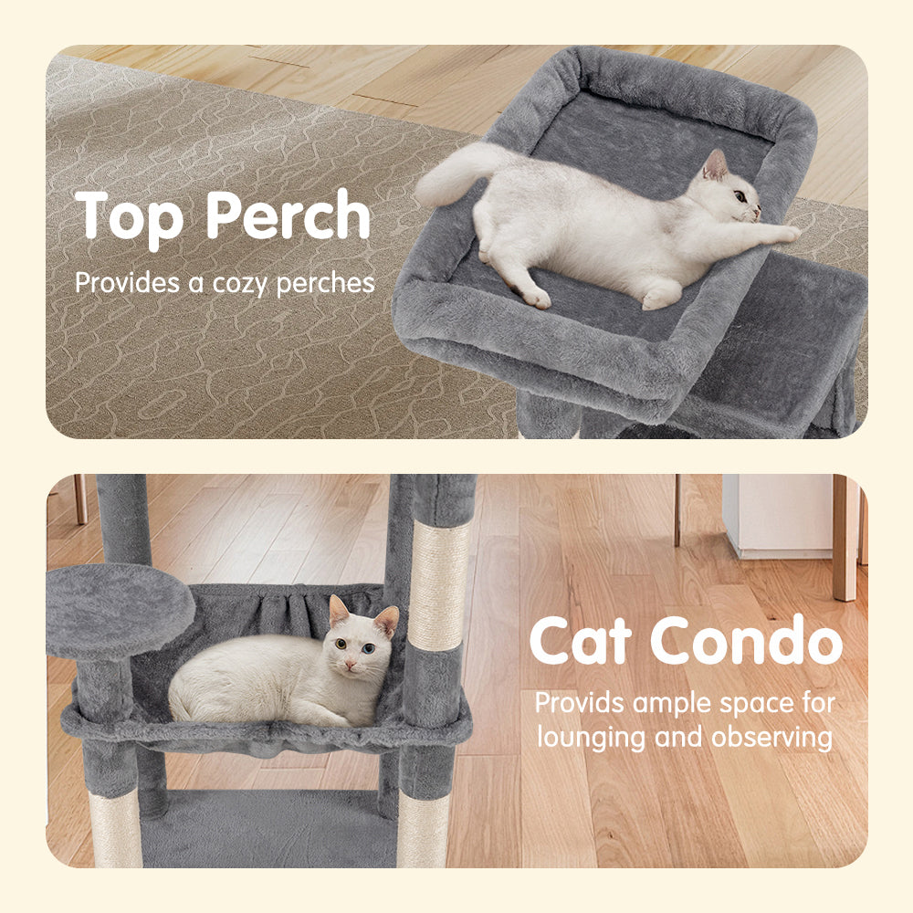 Petzly Cat Tree Tower Scratching Post Scratcher Condo House Bed 142cm Grey - Sunyee