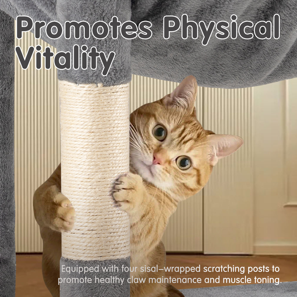 Petzly Cat Tree Tower Scratching Post Scratcher Condo House Bed 142cm Grey - Sunyee