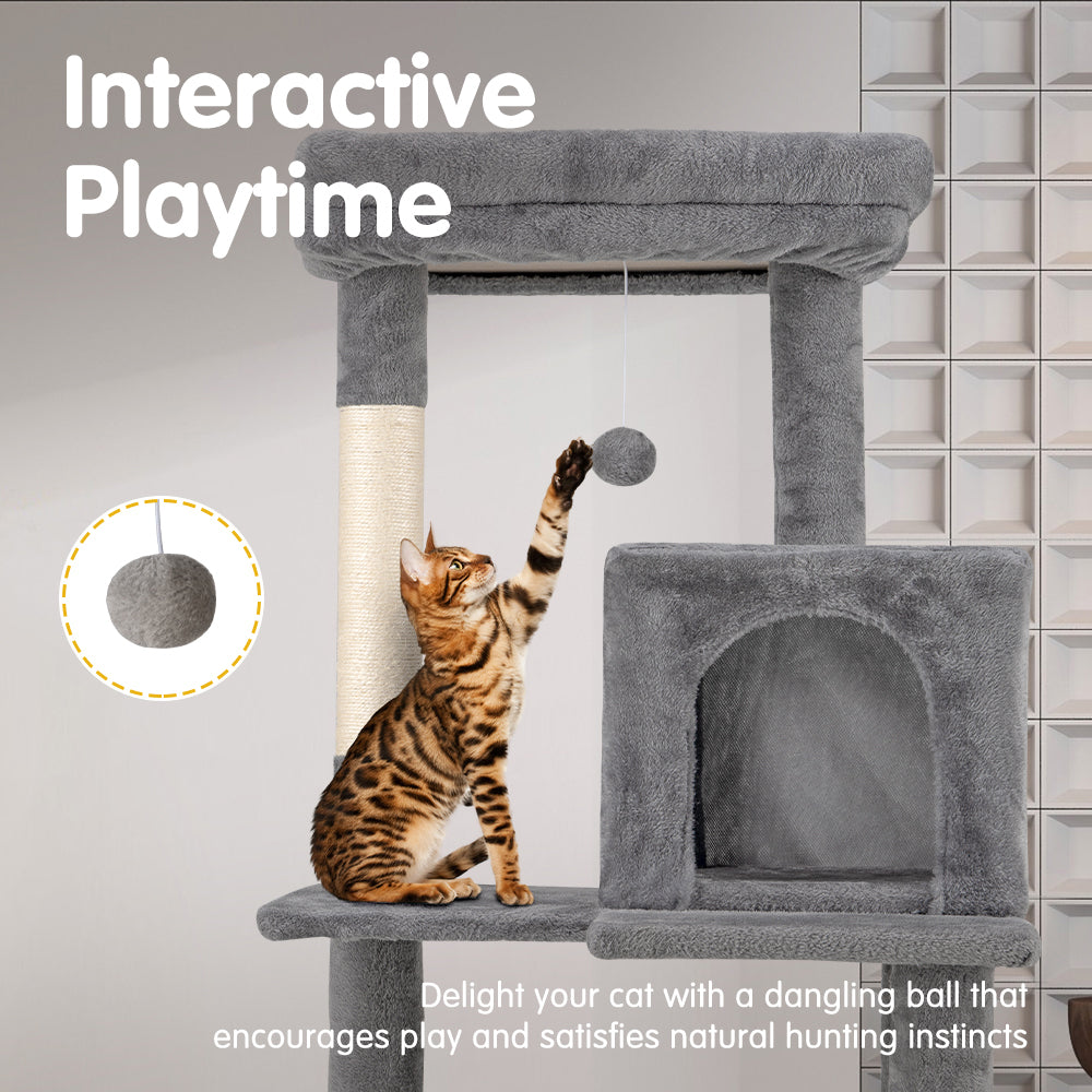 Petzly Cat Tree Tower Scratching Post Scratcher Condo House Bed 142cm Grey - Sunyee