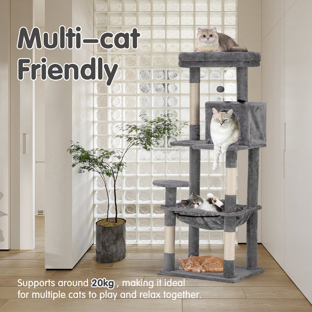 Petzly Cat Tree Tower Scratching Post Scratcher Condo House Bed 142cm Grey - Sunyee