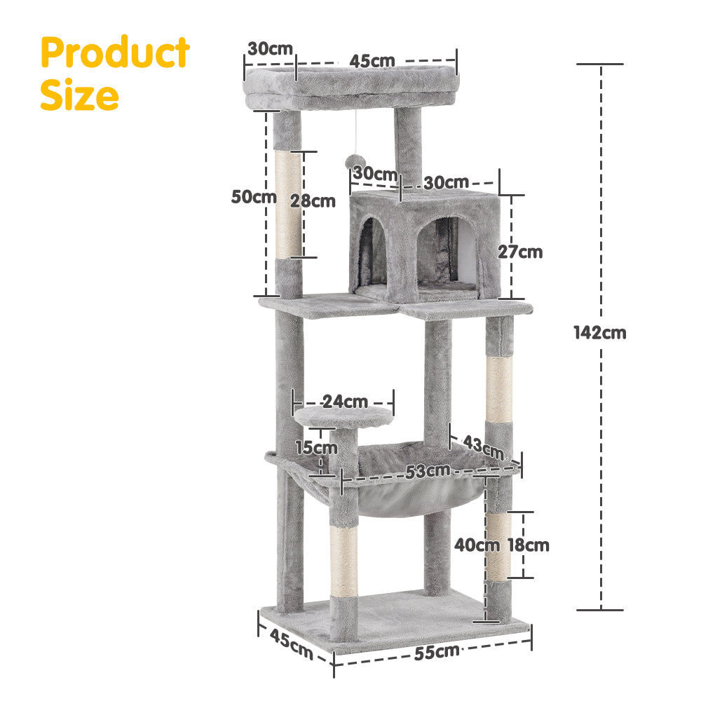 Petzly Cat Tree Tower Scratching Post Scratcher Condo House Bed 142cm Grey - Sunyee