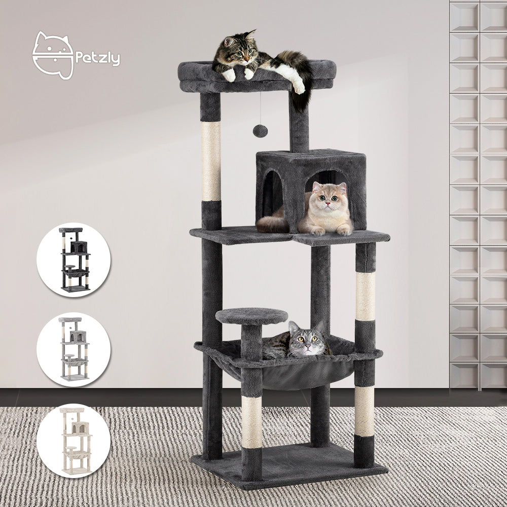 Petzly Cat Tree Tower Scratching Post Scratcher Condo 142cm Beige/Dark Grey/Grey - Sunyee
