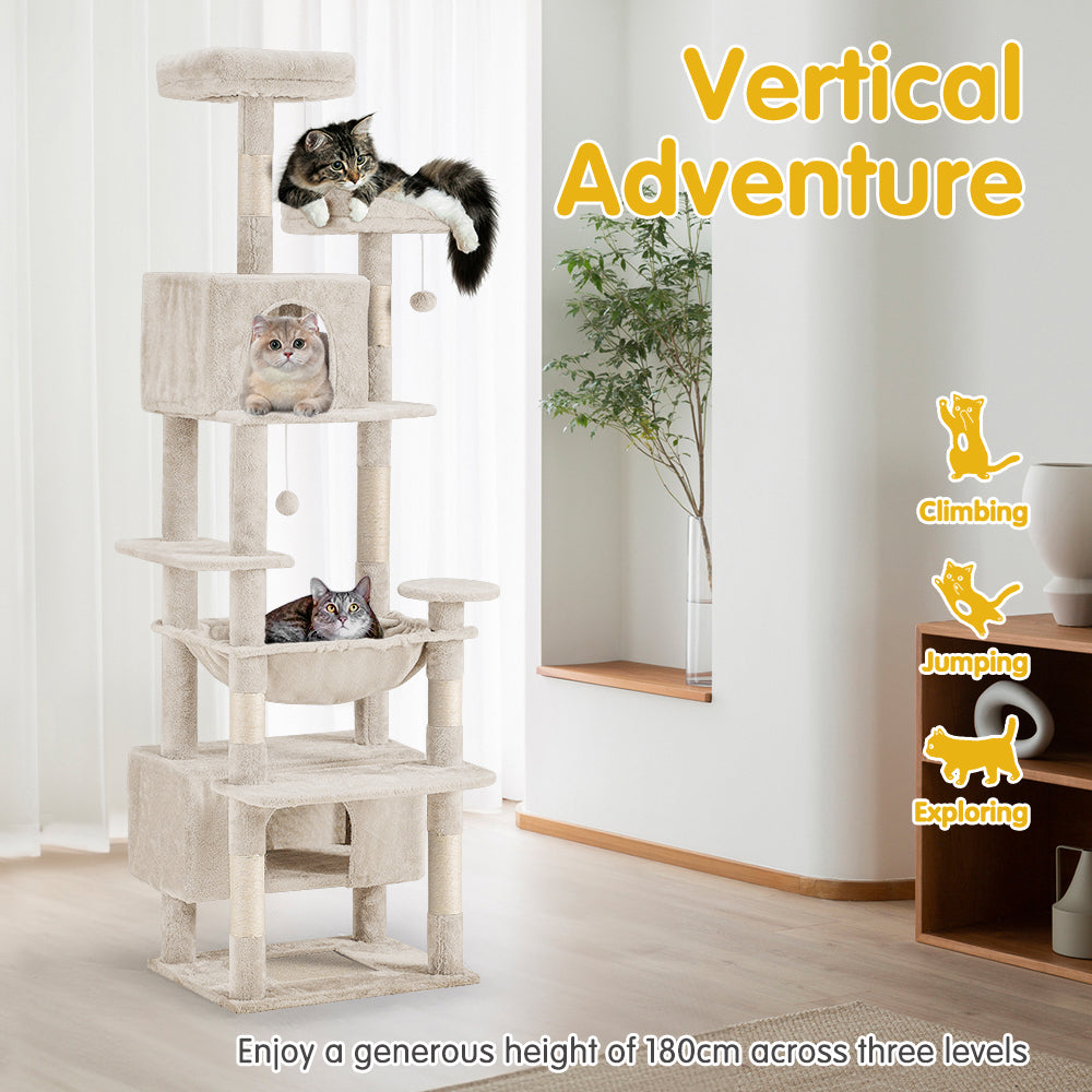 Petzly Cat Tree Tower Scratching Post Scratcher Condo House Bed 180cm Beige - Sunyee