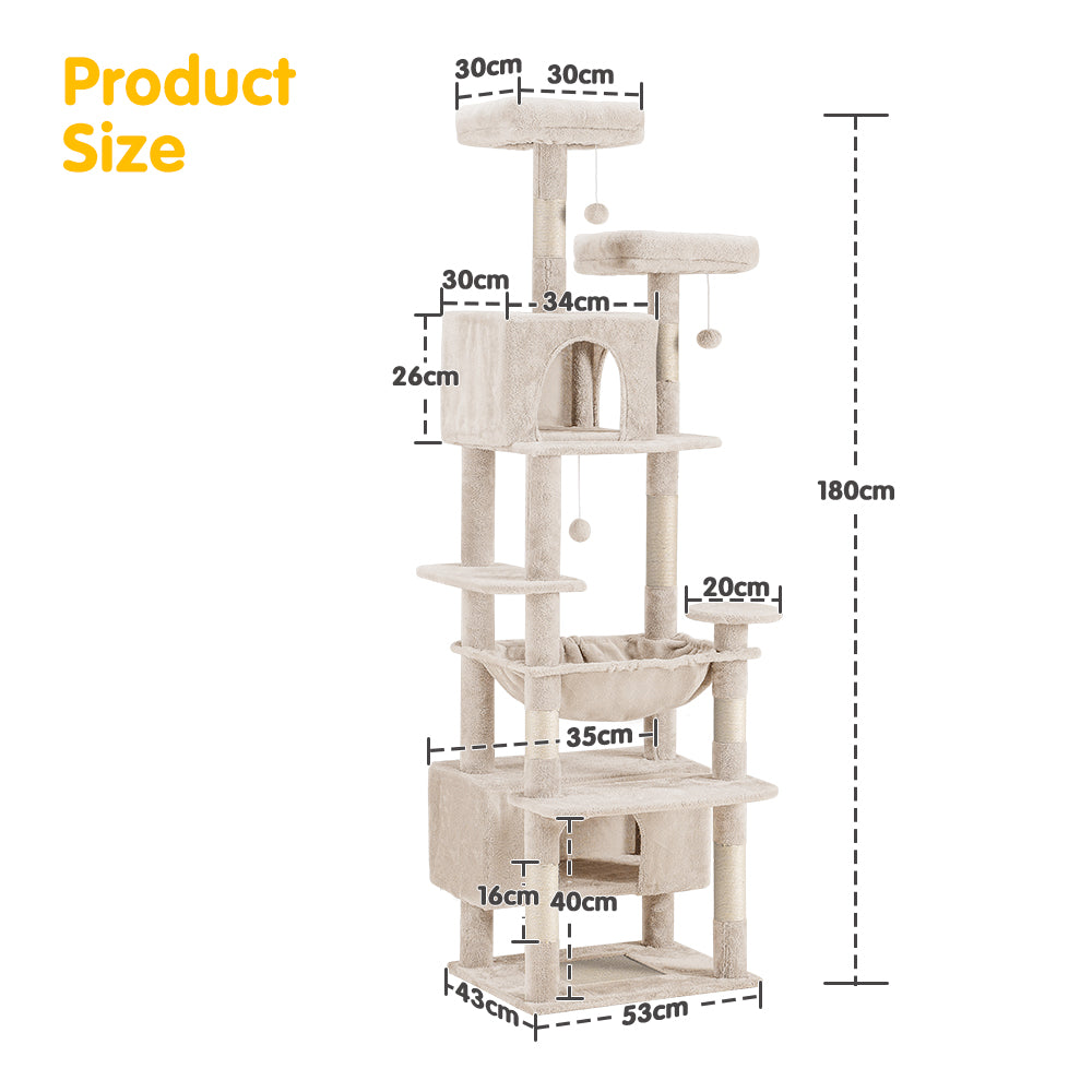 Petzly Cat Tree Tower Scratching Post Scratcher Condo House Bed 180cm Beige - Sunyee