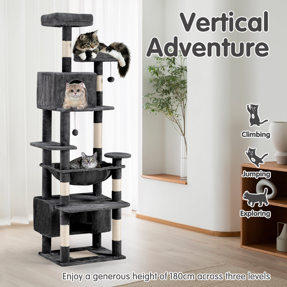 Petzly Cat Tree Tower Scratching Post Scratcher Condo House Bed 180cm Dark Grey - Sunyee