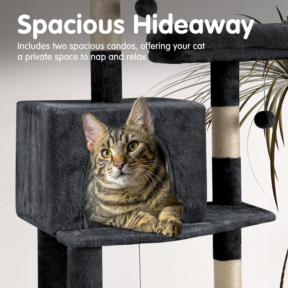Petzly Cat Tree Tower Scratching Post Scratcher Condo House Bed 180cm Dark Grey - Sunyee