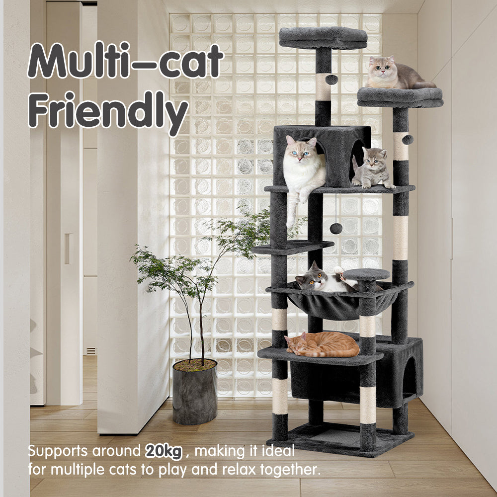 Petzly Cat Tree Tower Scratching Post Scratcher Condo House Bed 180cm Dark Grey - Sunyee
