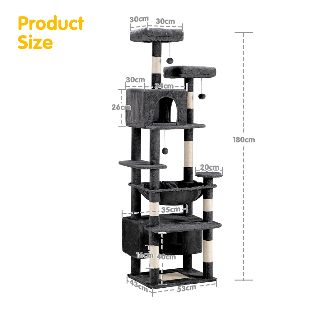 Petzly Cat Tree Tower Scratching Post Scratcher Condo House Bed 180cm Dark Grey - Sunyee