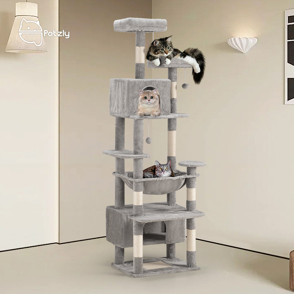 Petzly Cat Tree Tower Scratching Post Scratcher Condo House Bed 180cm Grey - Sunyee
