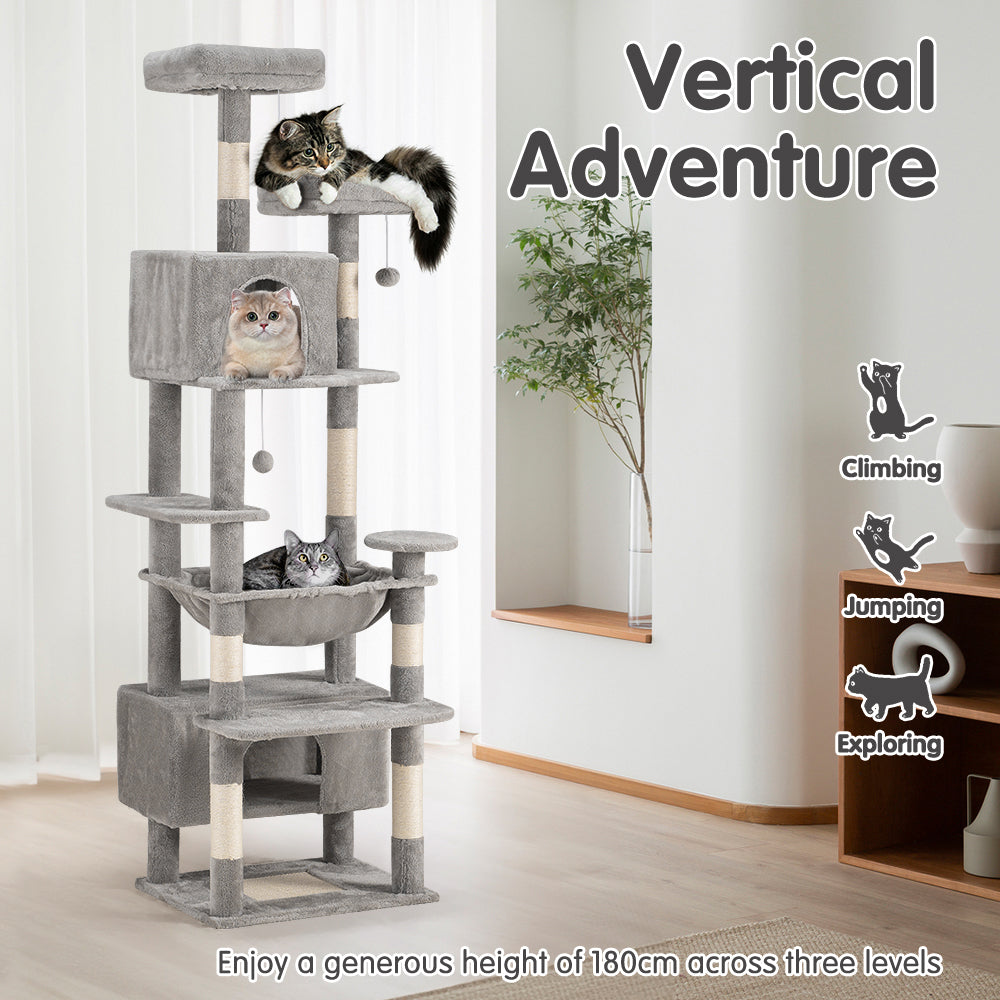 Petzly Cat Tree Tower Scratching Post Scratcher Condo House Bed 180cm Grey - Sunyee